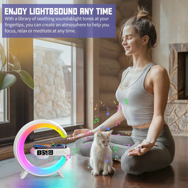 Multifunction Wireless Charging Dock with Alarm Clock, RGB Lamp & Speaker