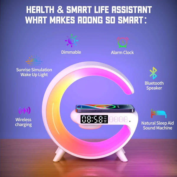 Multifunction Wireless Charging Dock with Alarm Clock, RGB Lamp & Speaker