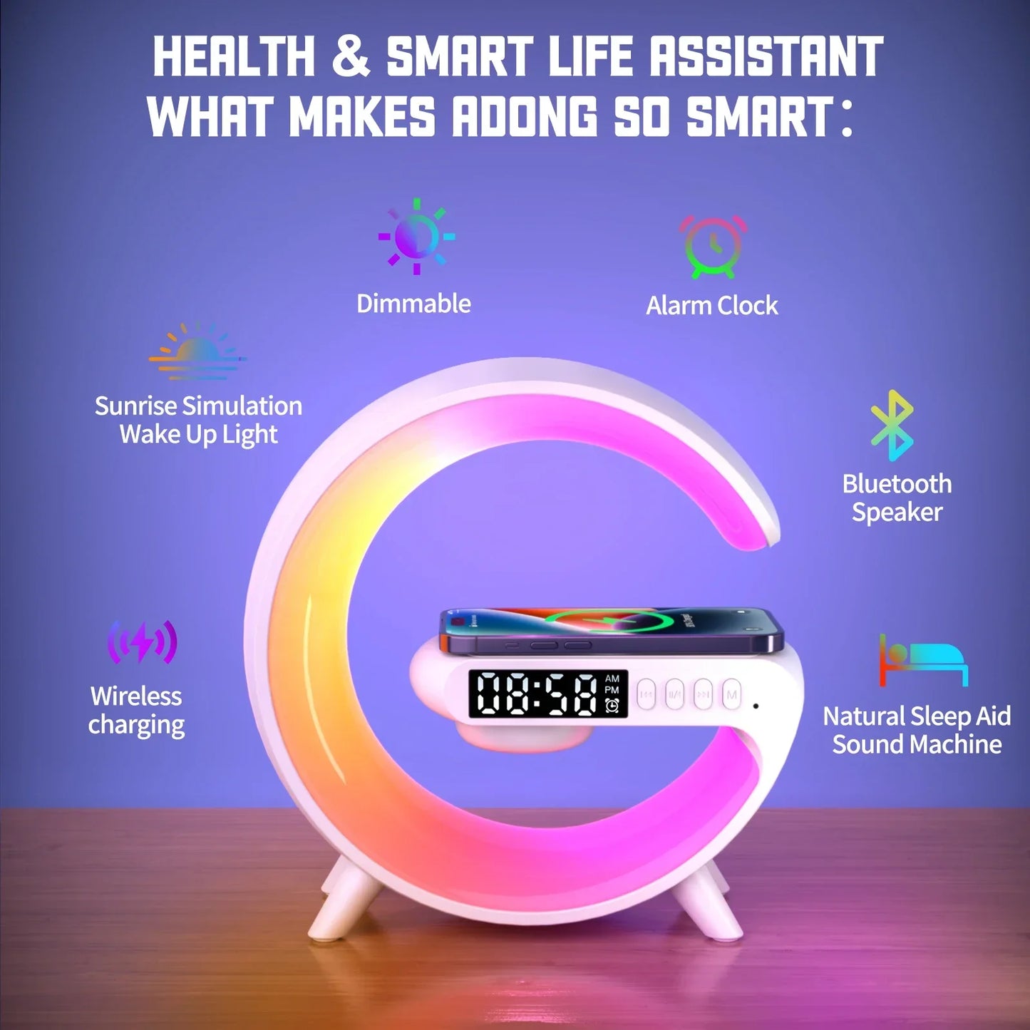 Multifunction Wireless Charging Dock with Alarm Clock, RGB Lamp & Speaker