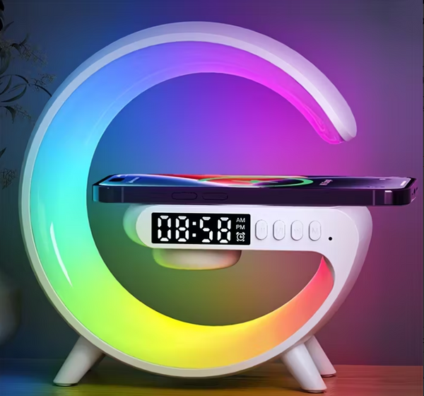 Multifunction Wireless Charging Dock with Alarm Clock, RGB Lamp & Speaker